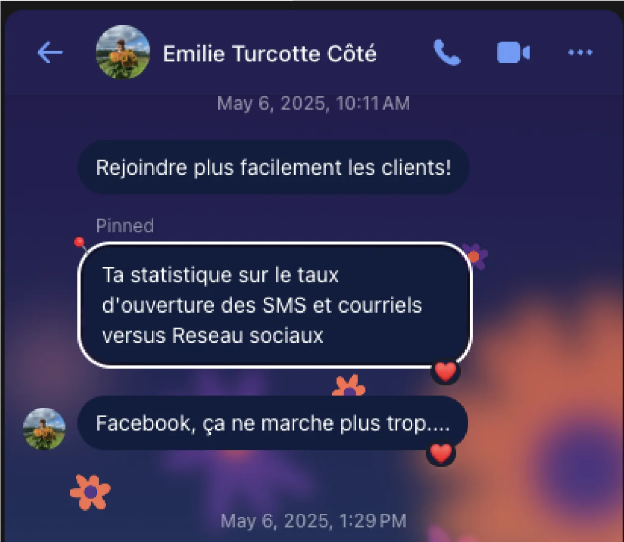 Conversation montrant le passage de cap des abonnés et des statistiques de messages