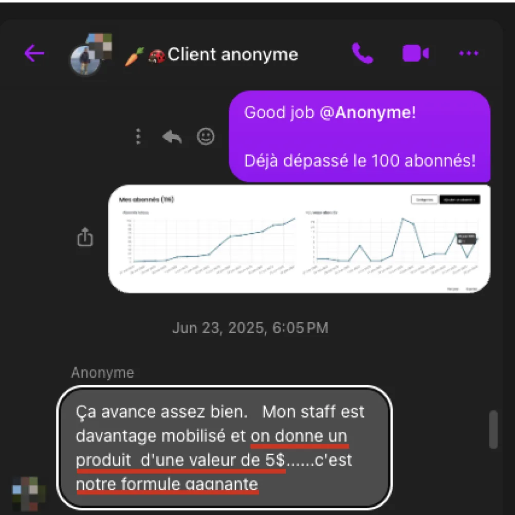 Client anonyme expliquant que son équipe est mobilisée et offre un produit de 5 dollars