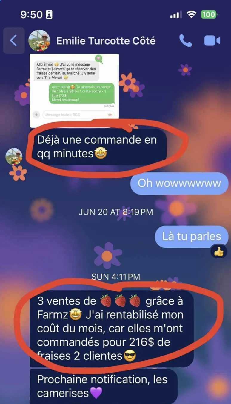 Conversation avec Émilie montrant une commande en quelques minutes et 216 dollars de fraises