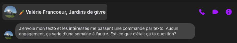 Valérie Francoeur explains that her customers order directly by text